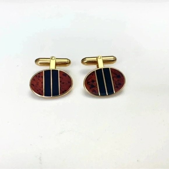 𝅺STYLISH Mod 1960s Vintage Burl Wood Look and Onyx Inlay Cufflinks.​ - Picture 9 of 10